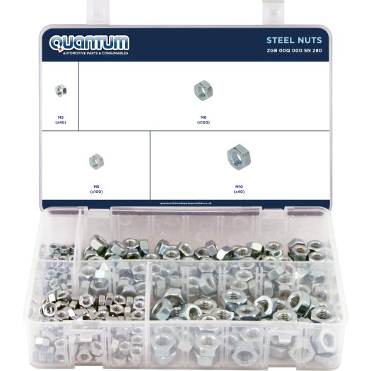 ASSORTED BOX OF STEEL NUTS (BOX OF 280 PIECES)
