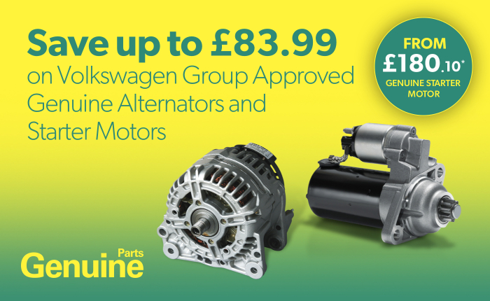 Save up to £83.99 on  Volkswagen Group Approved Genuine Alternators and Starter Motors