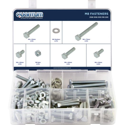 ASSORTED BOX OF M8 FASTENERS (BOX OF 220 PIECES)